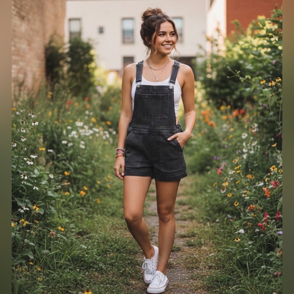 aerie Pants - Aerie Washed Black Denim Shortalls - Size XS